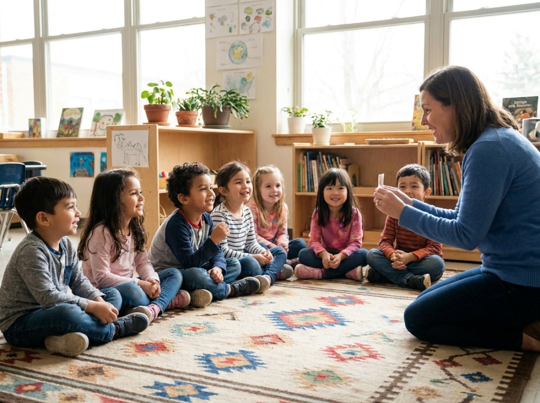 Diverse young children engaged in a group activity in a bright classroom