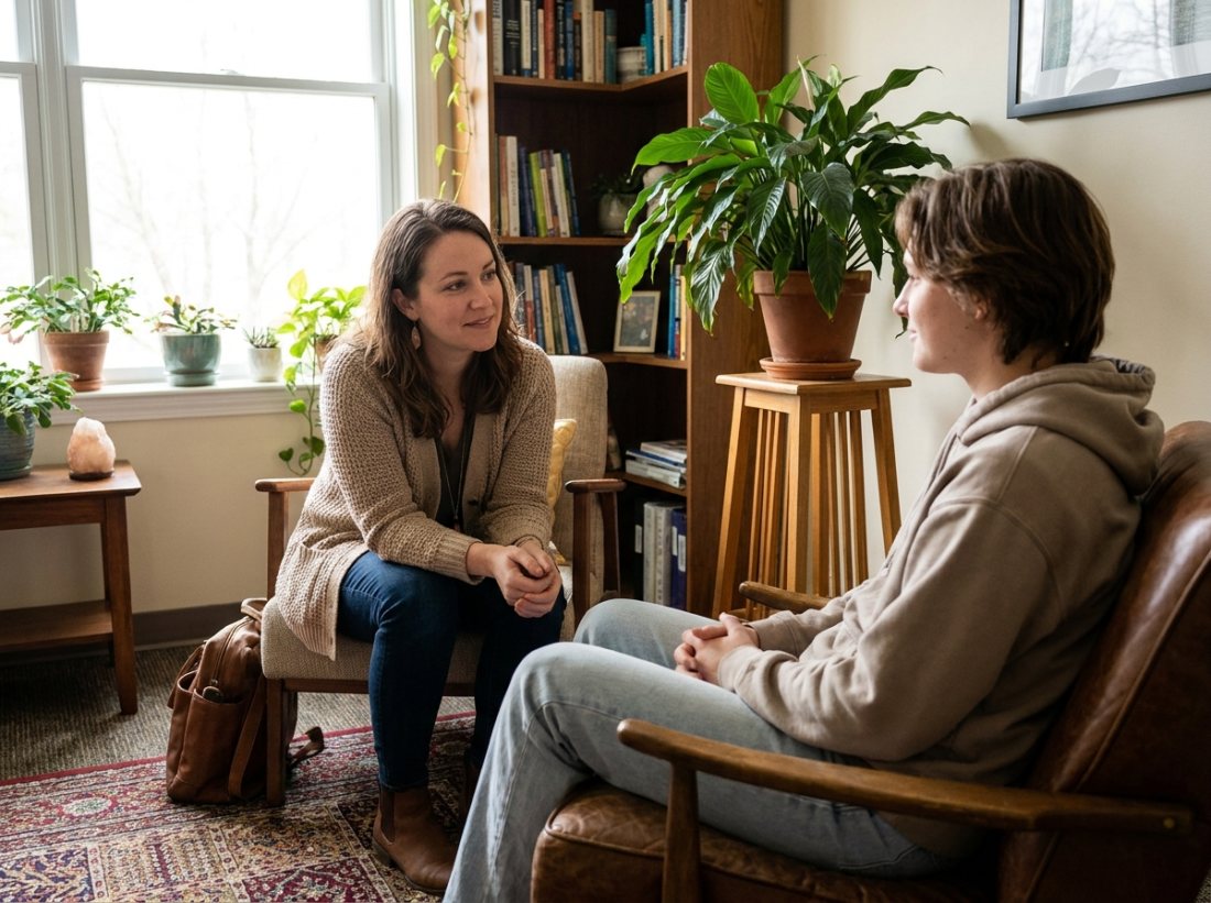 Two people sharing a warm, supportive conversation