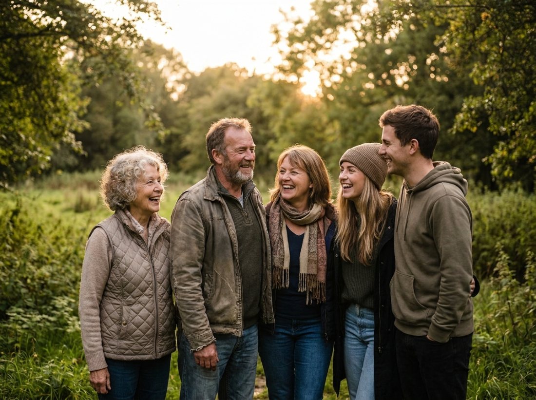 A diverse, multi-generational community standing together outdoors in warm light