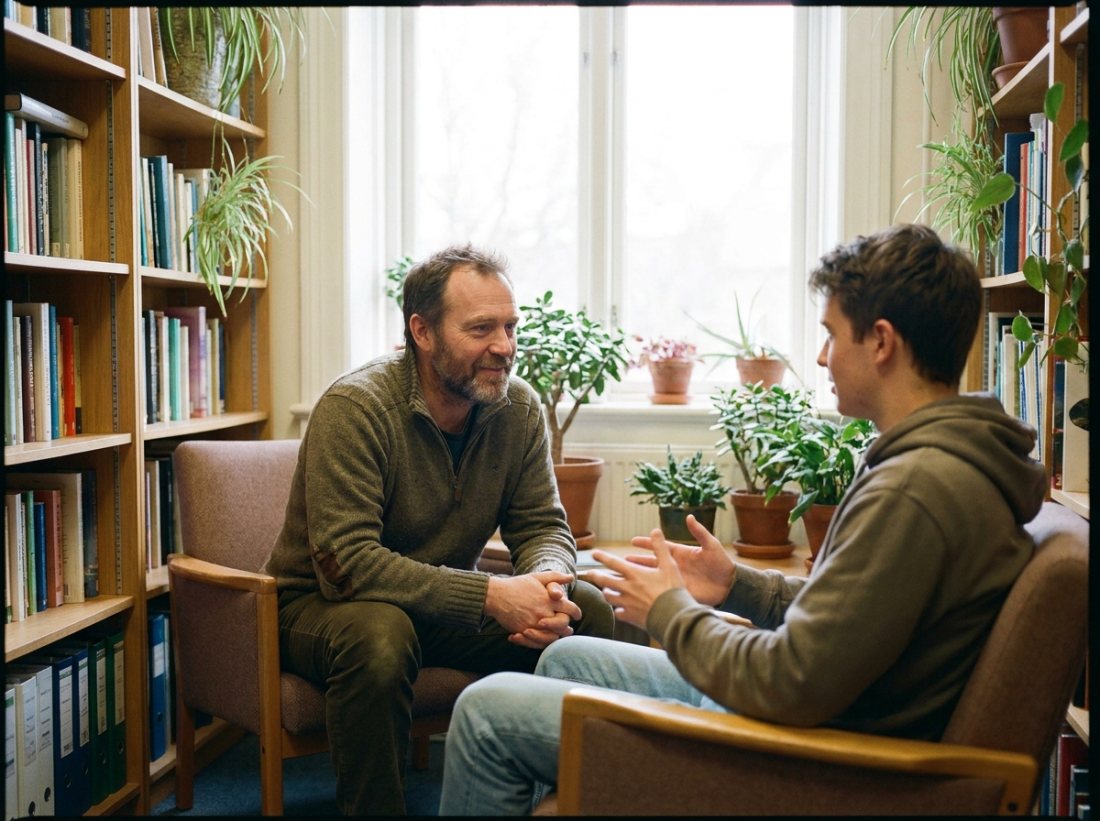 A mental-health coach in warm, encouraging conversation with a young man