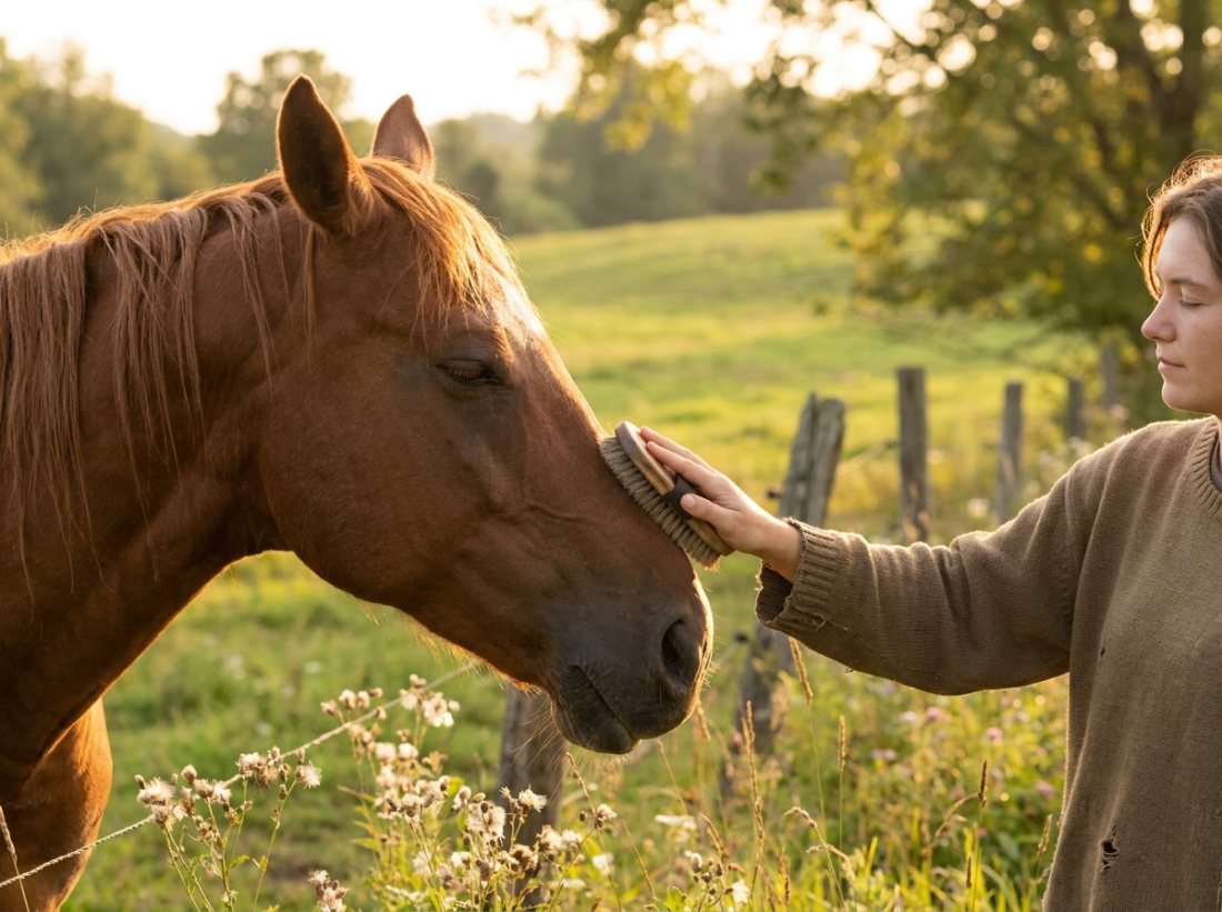 A person gently brushing a horse at golden hour
