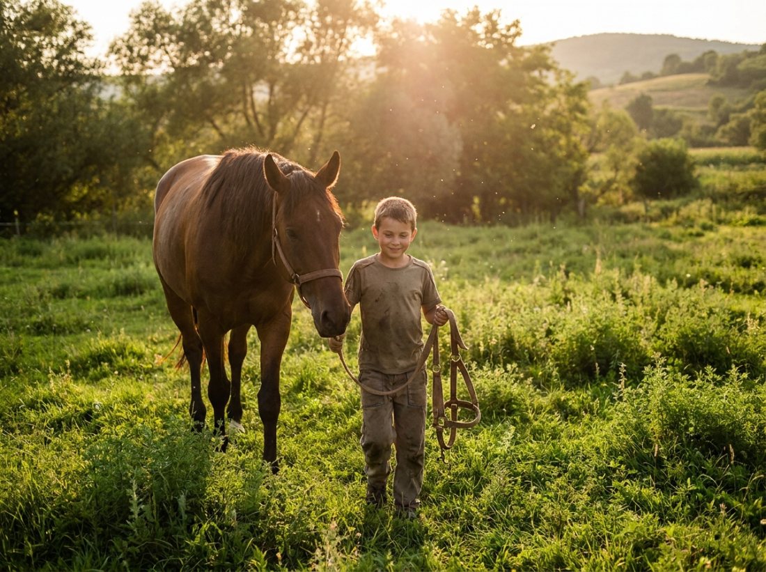A child leading a calm horse through a sunlit pasture