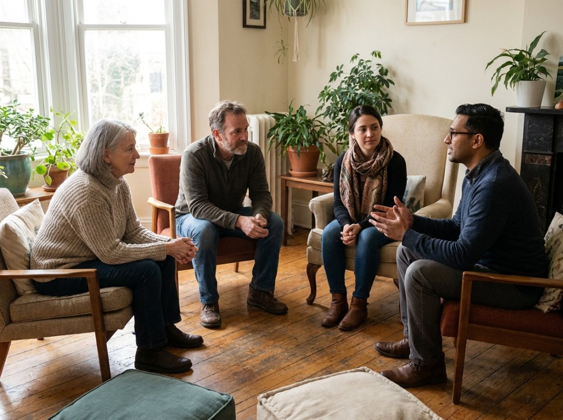 A small, diverse support group in warm conversation