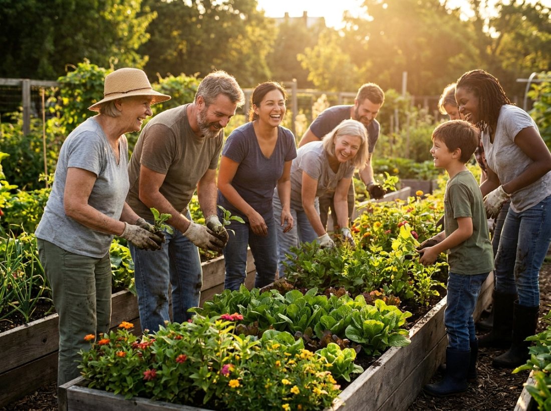 Neighbors planting together in a community garden