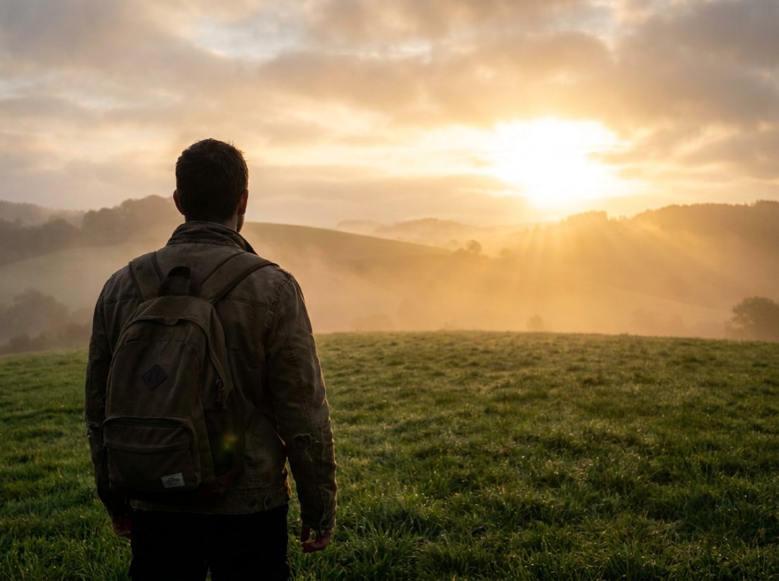 A person looking toward a golden sunrise over green hills