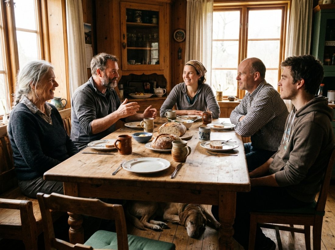 A diverse group sharing a meal around a table in fellowship